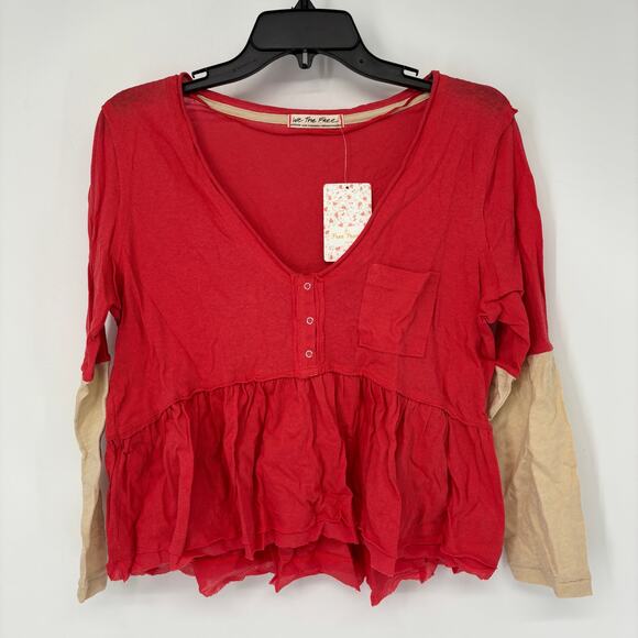 Free People Women's 3/4 Blouse Heart of Mine Cotton Flounce-Hem Colorblock Red M - Picture 4 of 7